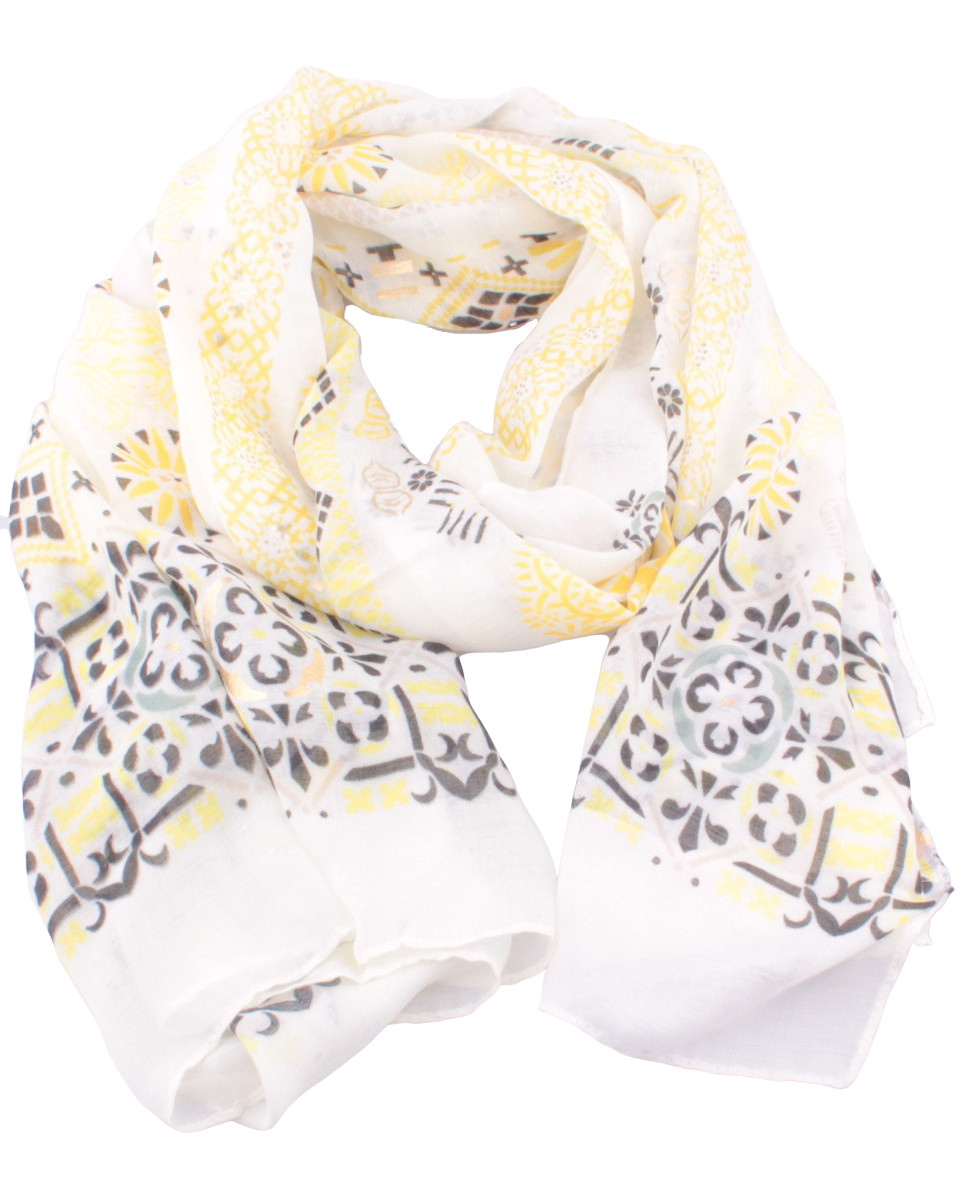 Echarpe blanche motifs jaunes verts et dorés Failladi