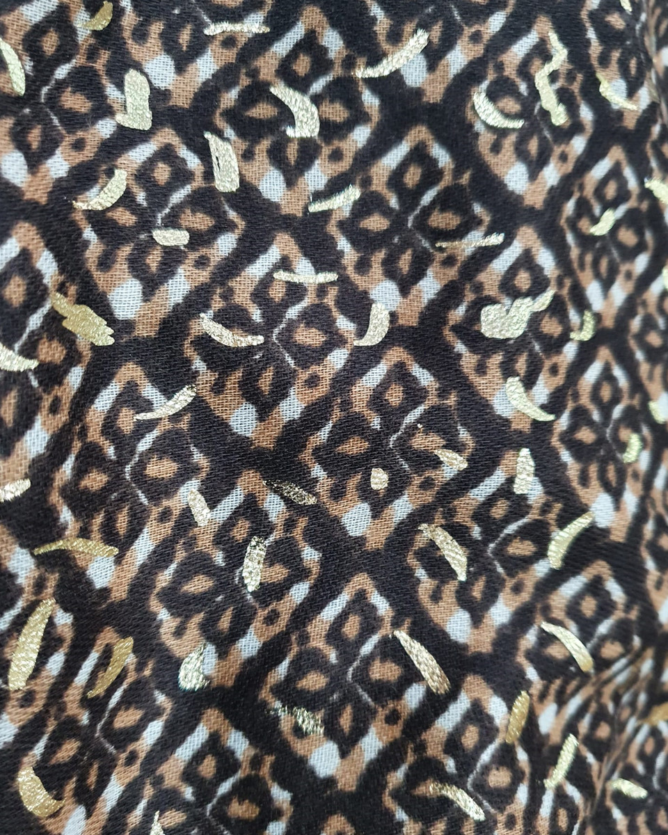 Echarpe marron à carreaux beiges camels et dorures