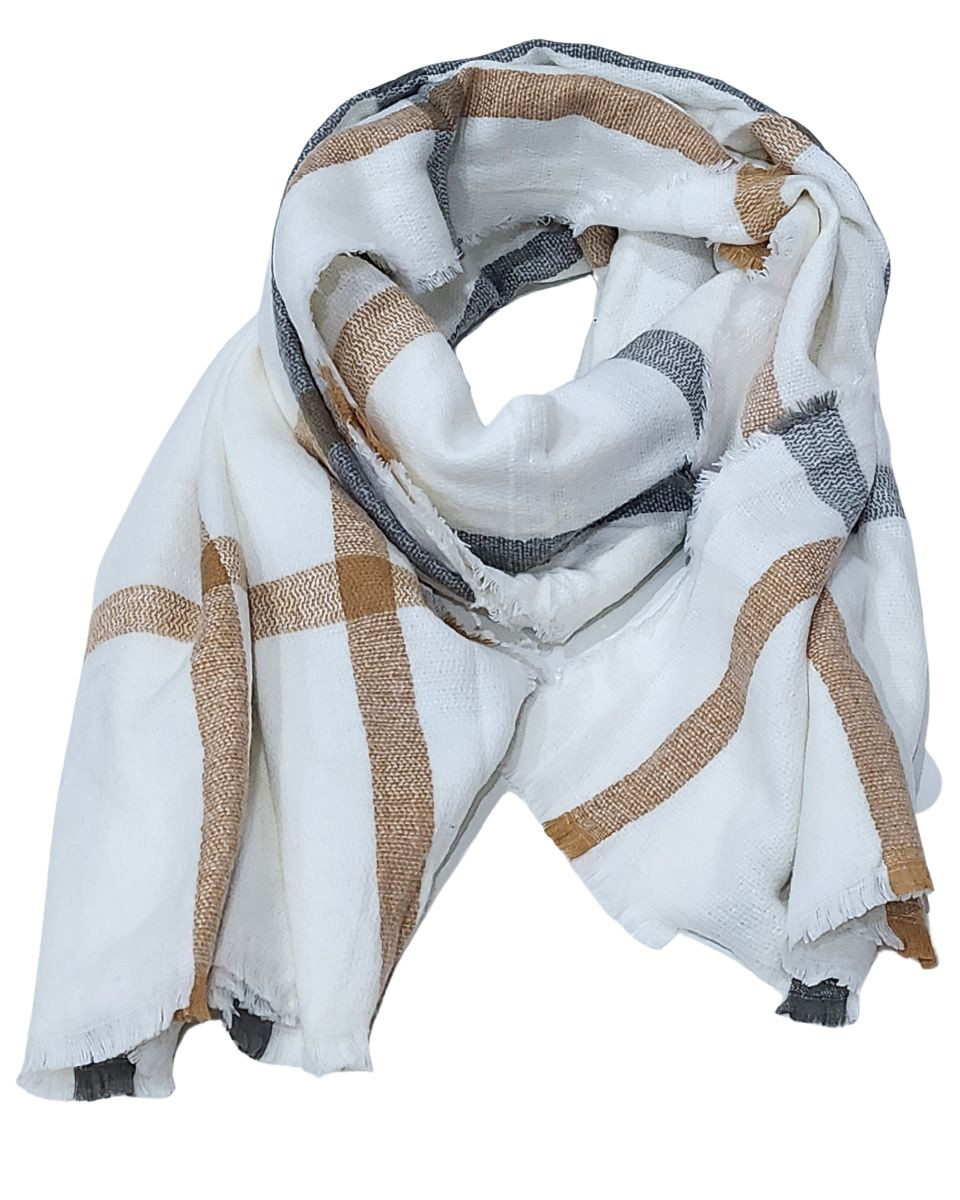 Echarpe femme écrue à carreaux gris et camel