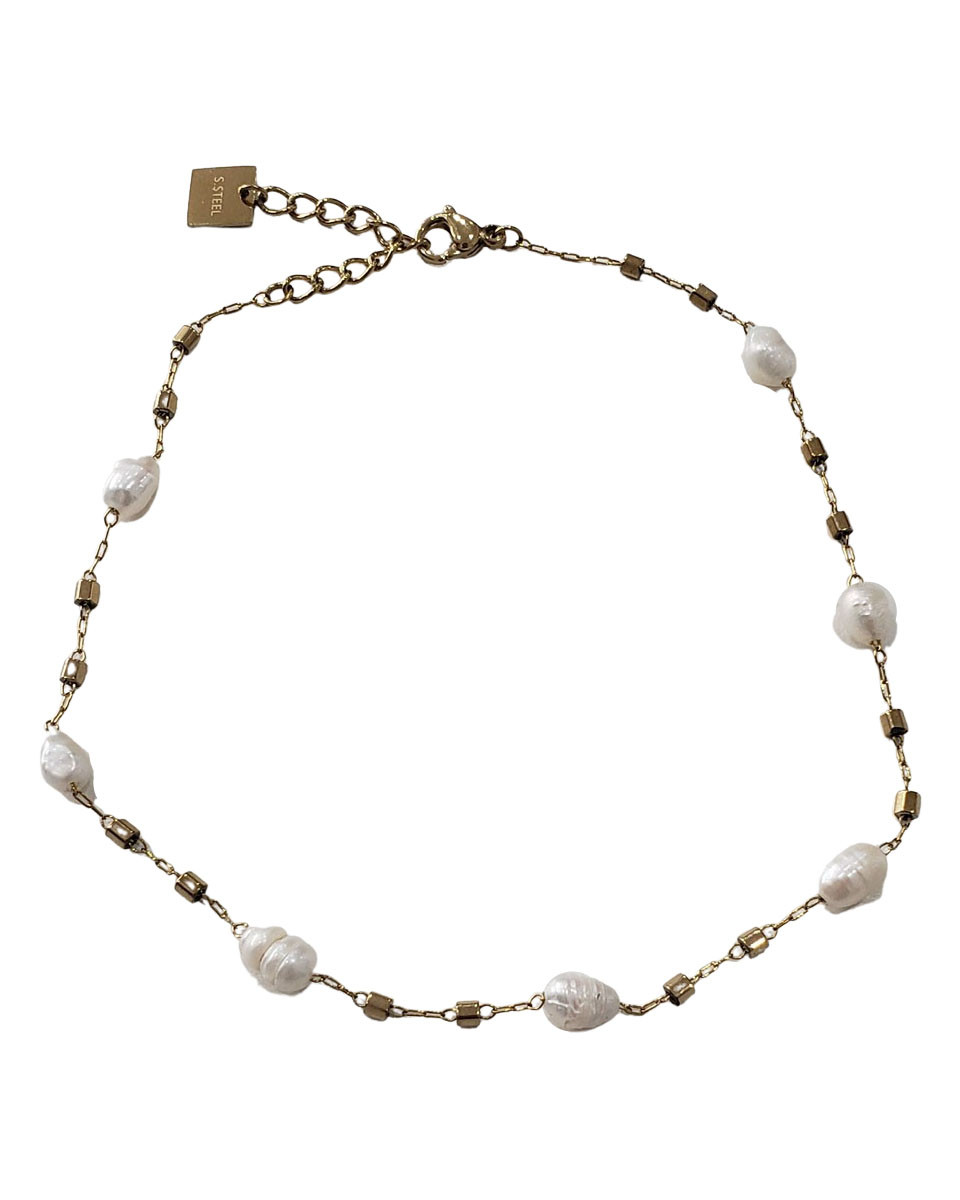 Chaine de cheville acier doré perles de nacre et Quadra