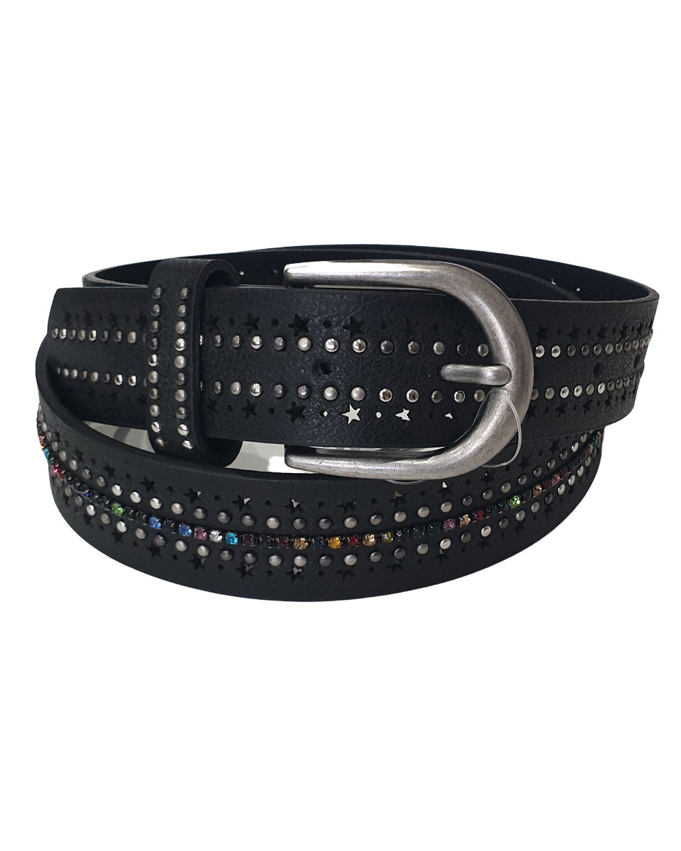 Ceinture noire trous étoiles clous et bande strass multicolores
