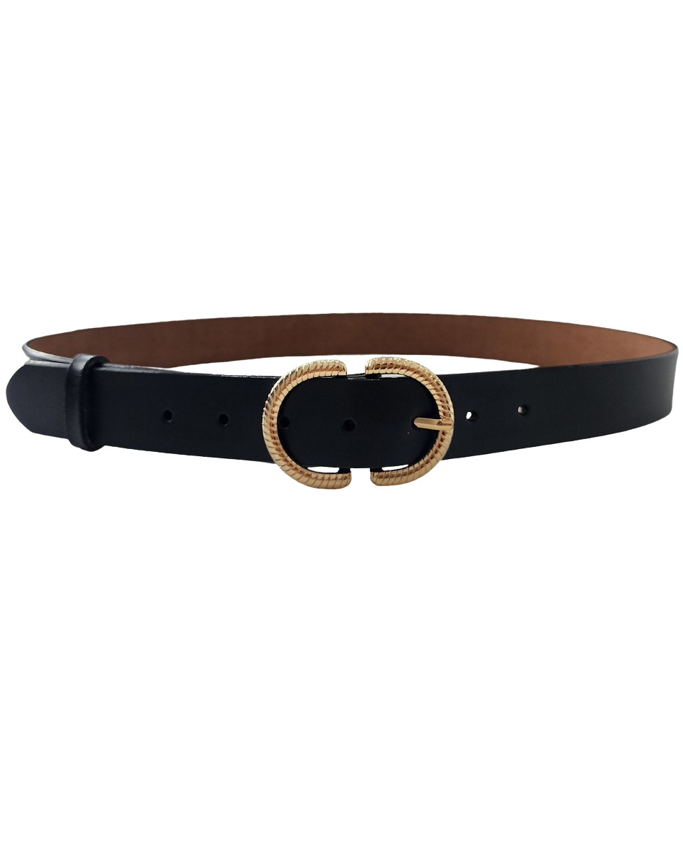 Ceinture noire cuir de vachette boucle fine dorée
