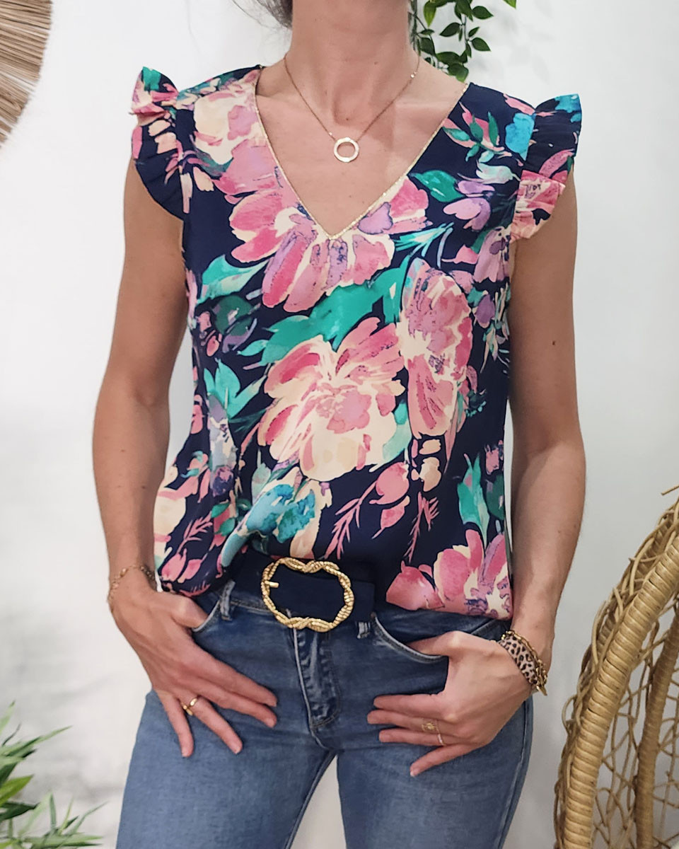 Blouse femme bleu marine fleurs roses et vertes Blandine