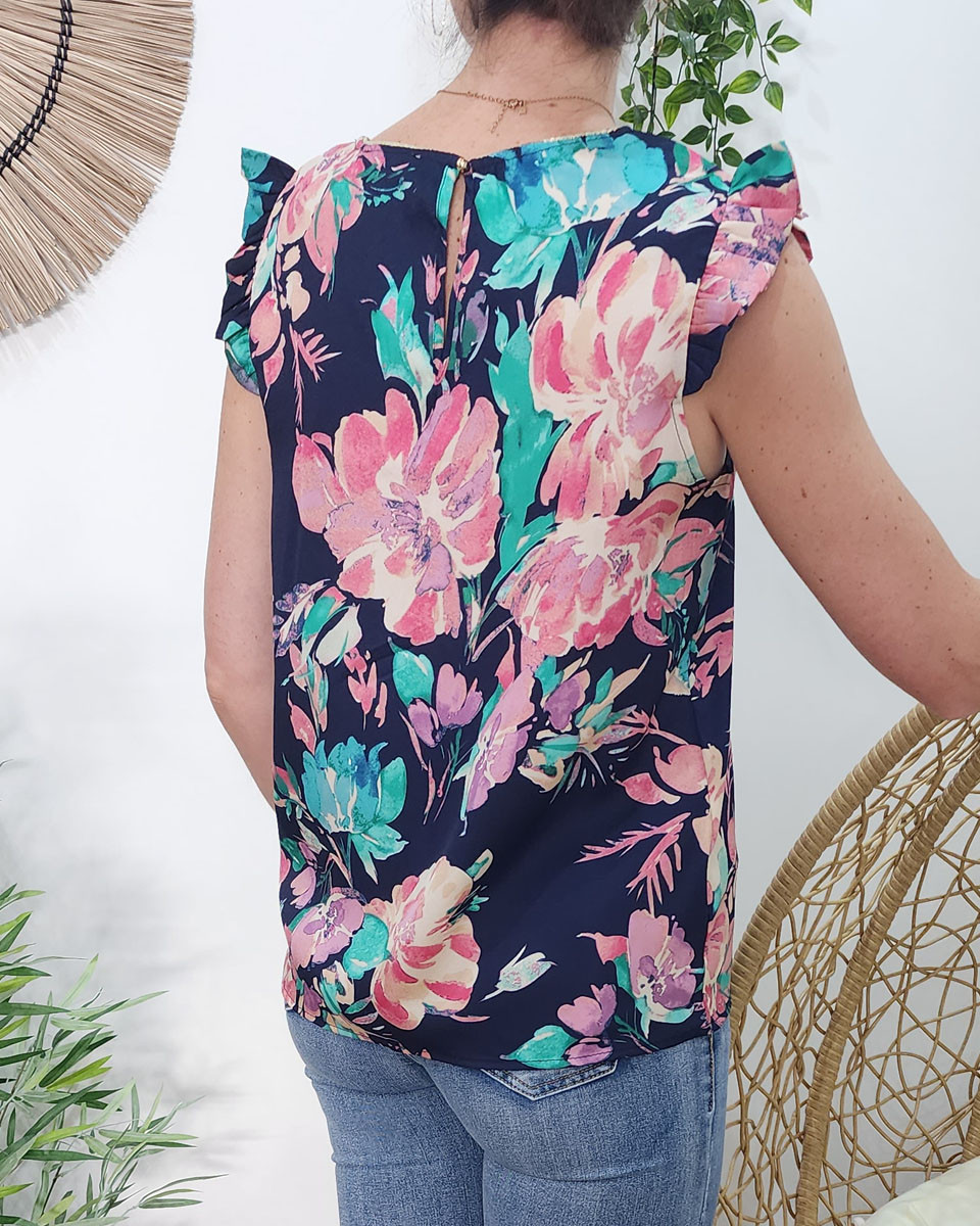 Blouse femme bleu marine fleurs roses et vertes Blandine