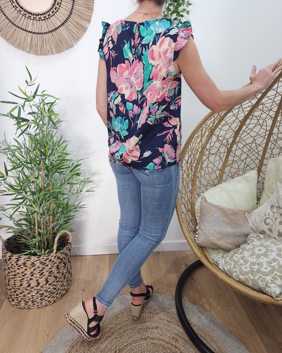 Blouse femme bleu marine fleurs roses et vertes Blandine