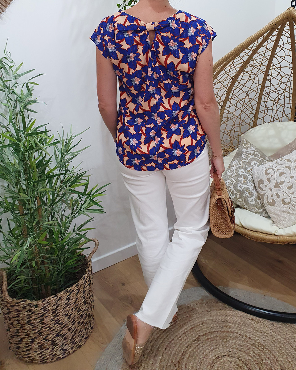 Blouse femme dos noué bleu Lynn