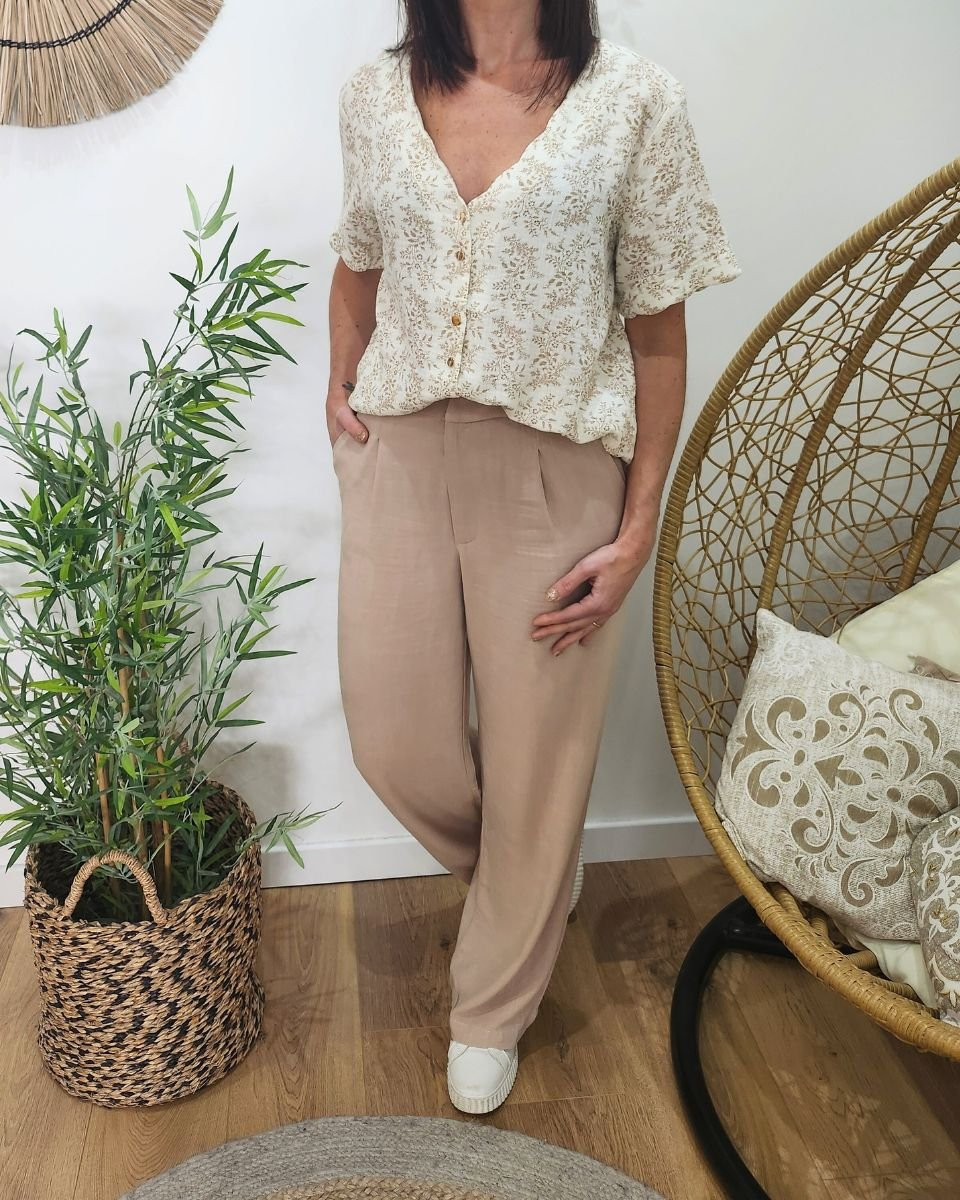 Blouse en gaze de coton écru fleurs marrons