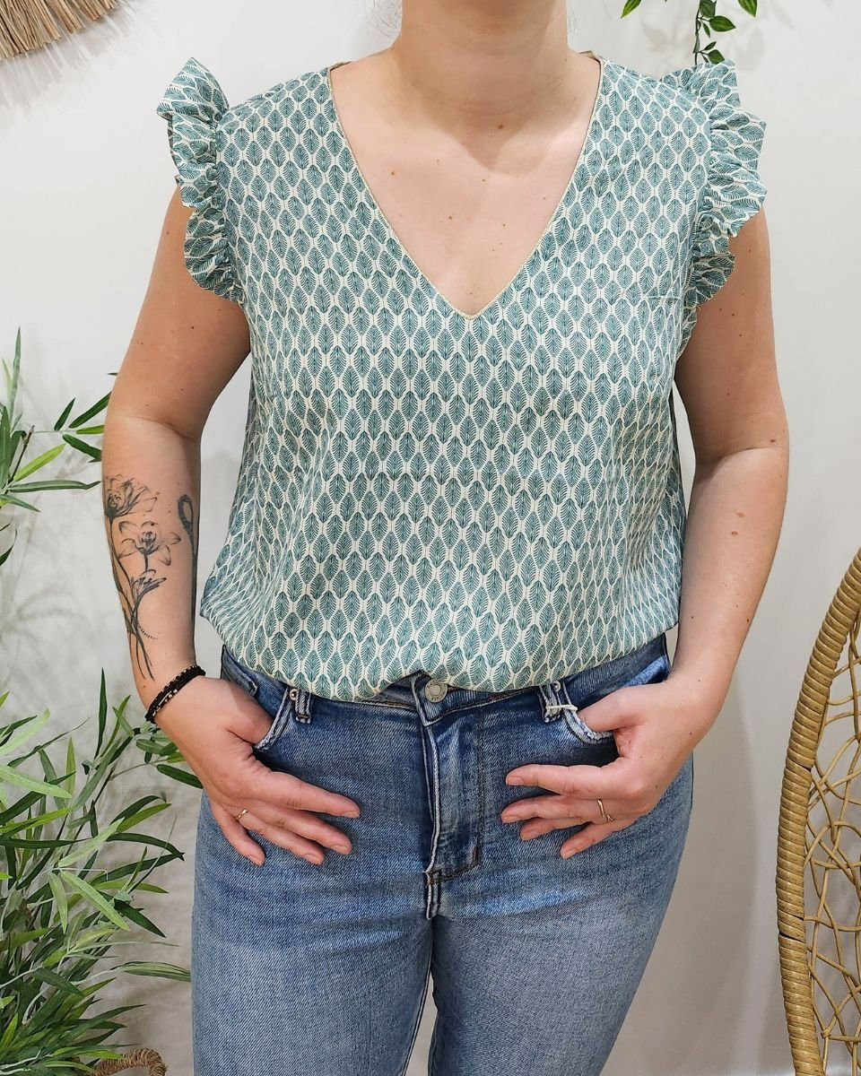 Blouse femme écru feuilles vertes Corentine