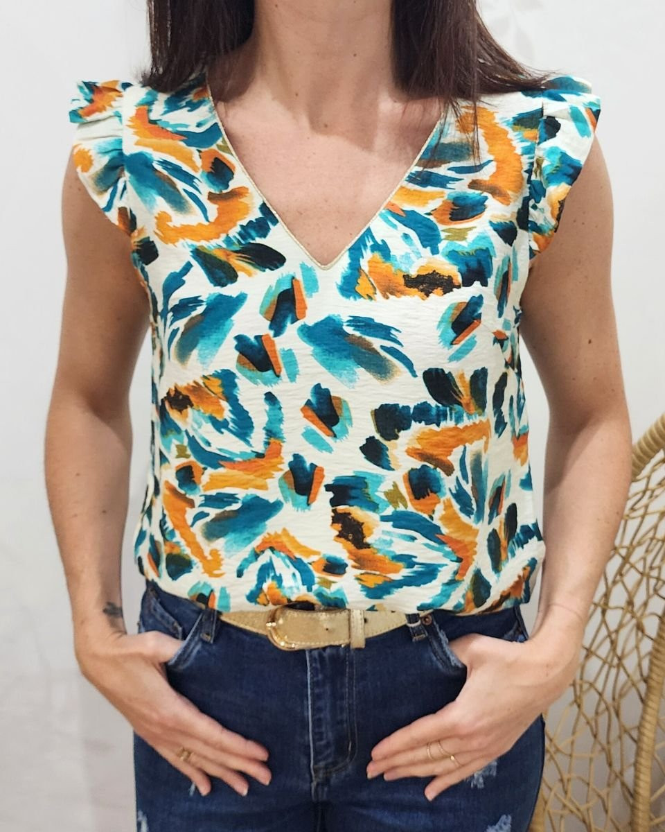 Blouse femme écrue motifs bleus et oranges Jennifer