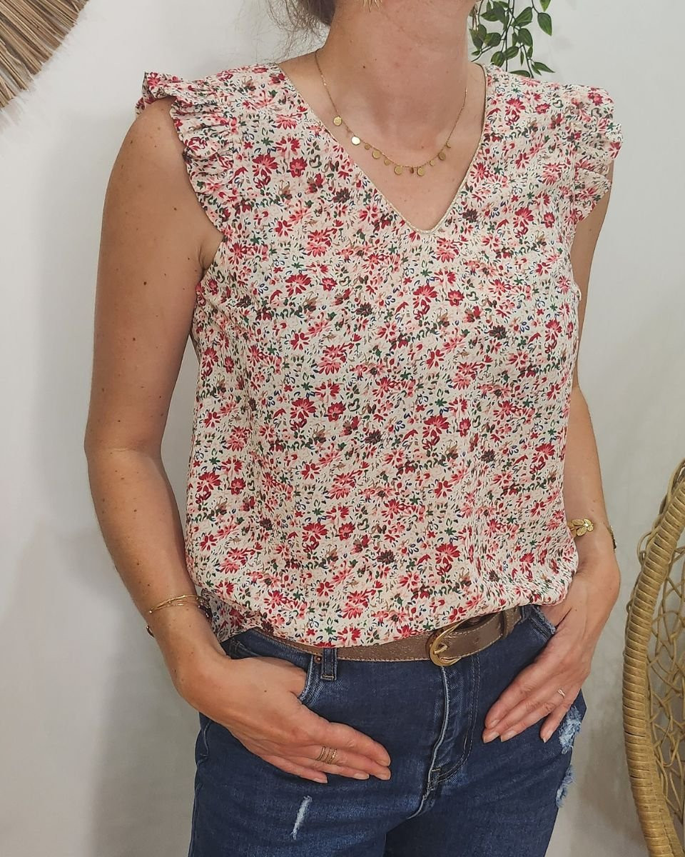 Blouse femme écrue petites fleurs rouges cerises et vertes