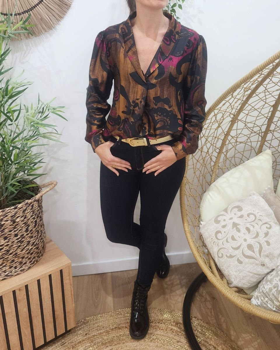 Blouse satinée marron noire fuchsia Bonnie
