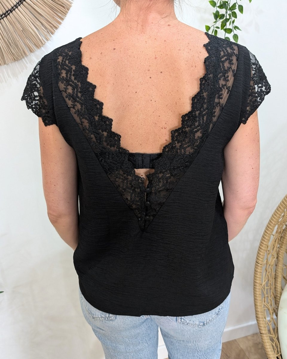 Blouse femme noire dos et manches dentelle Enya