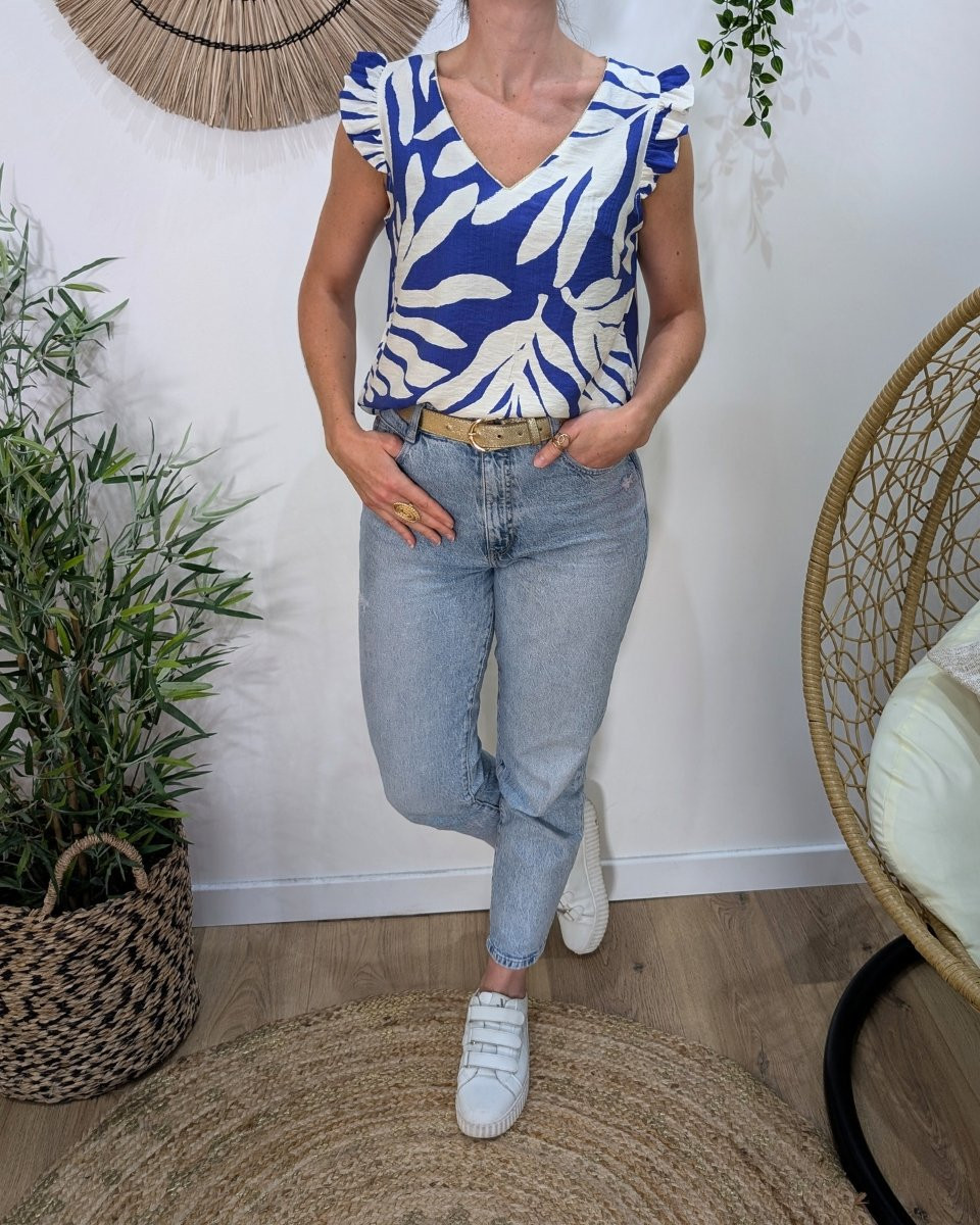 Blouse femme bleu électrique et écrue Eléa