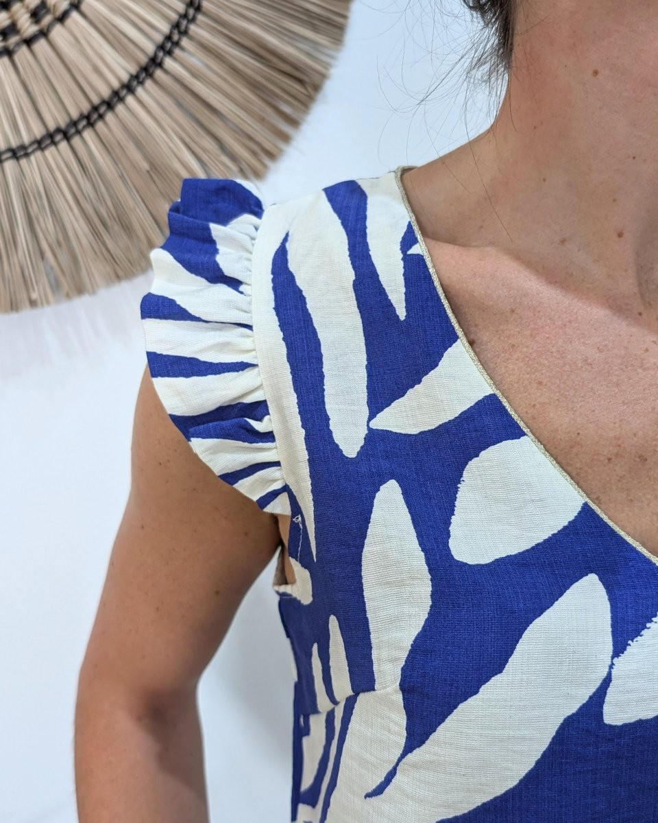 Blouse femme bleu électrique et écrue Eléa