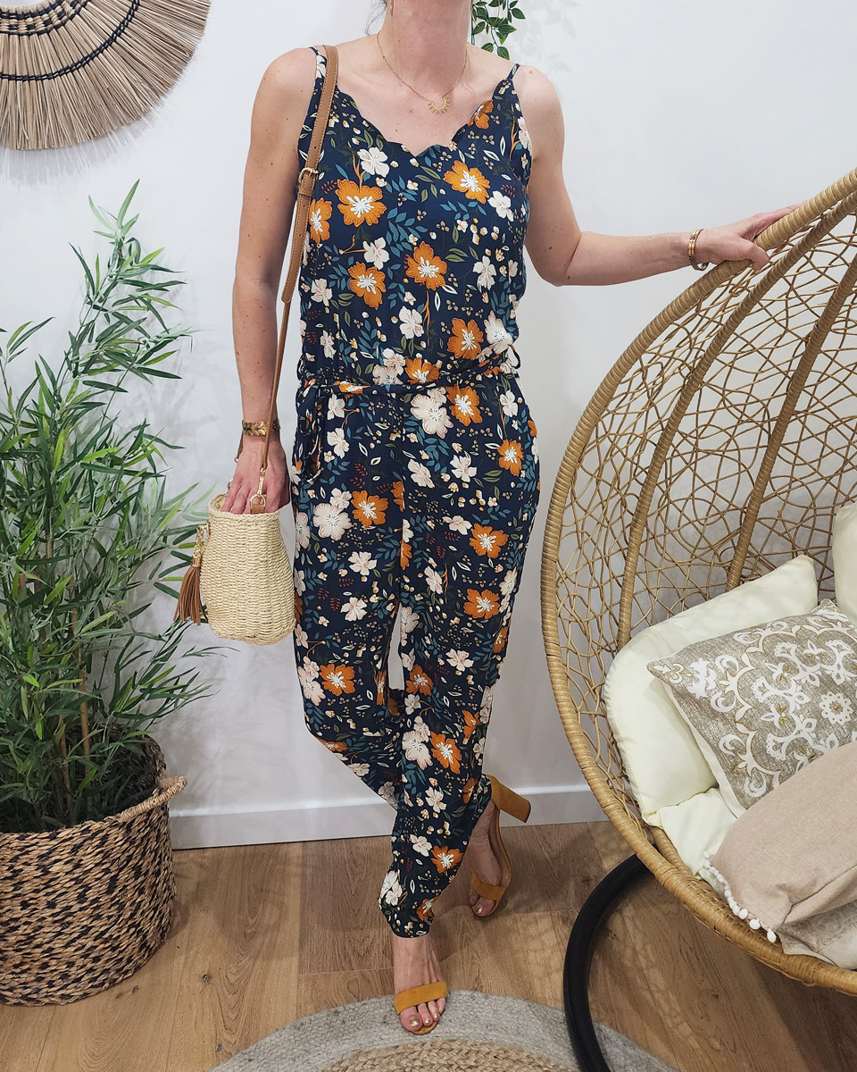 Combinaison femme marine imprimé floral beige et moutarde