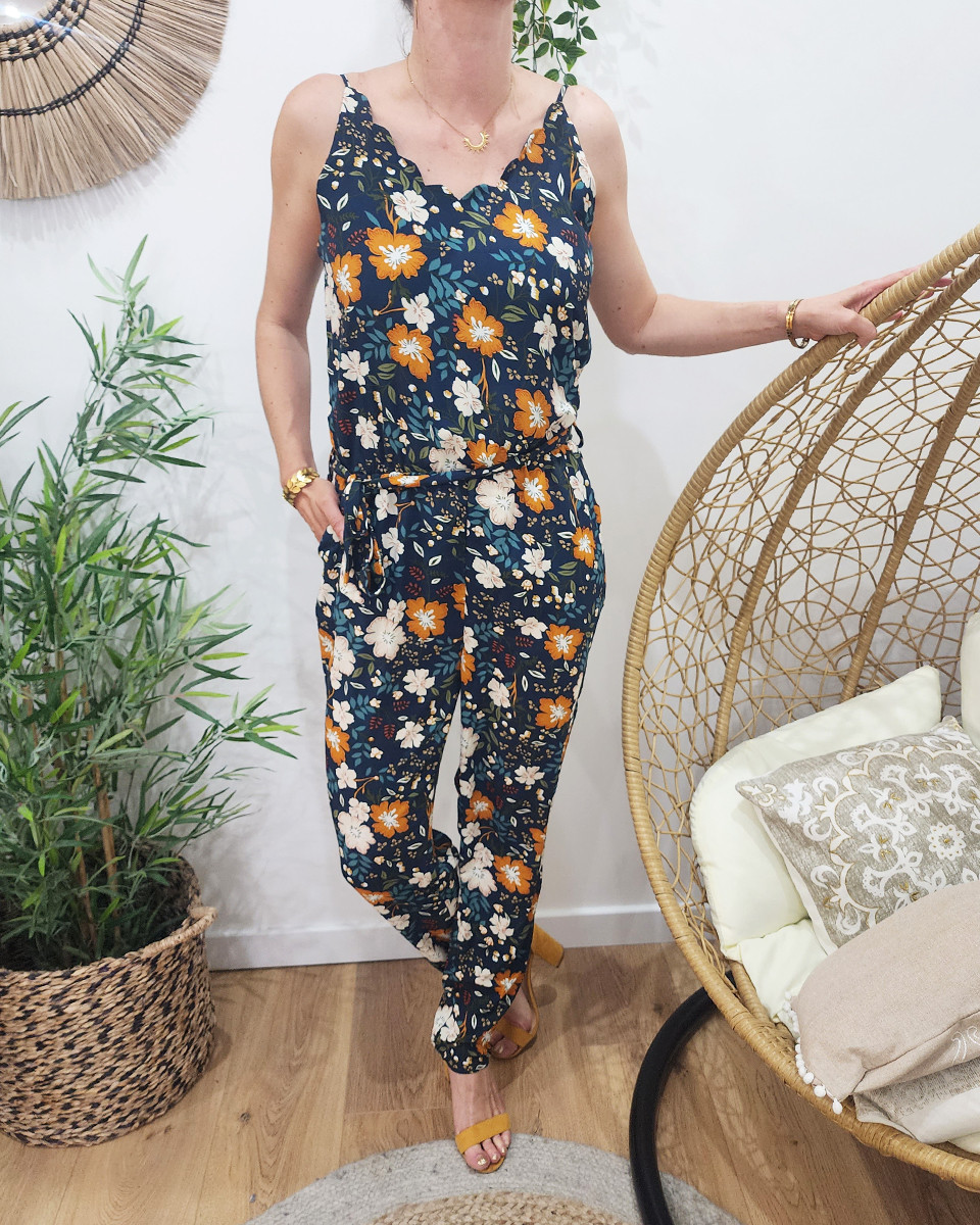 Combinaison femme marine imprimé floral beige et moutarde
