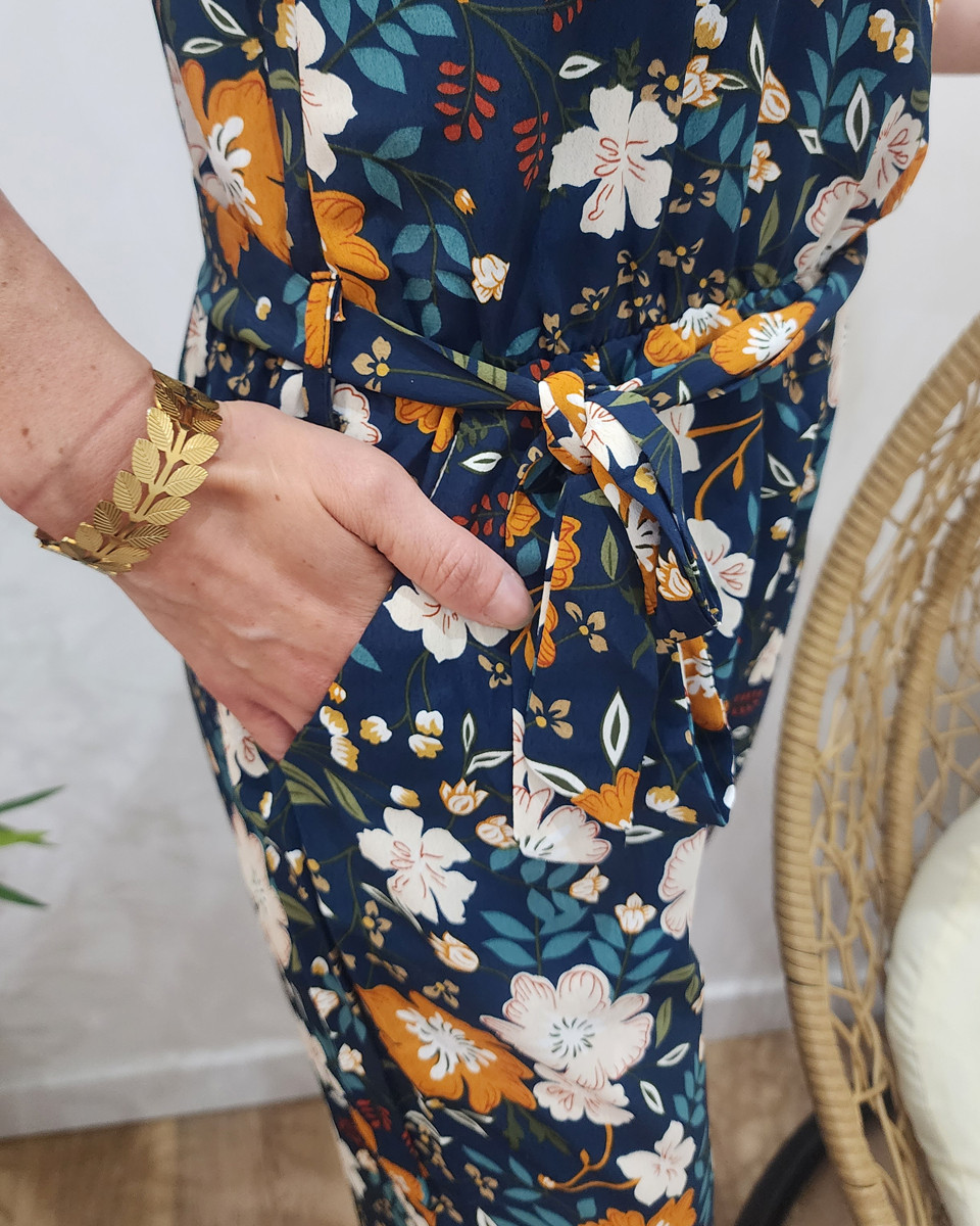 Combinaison femme marine imprimé floral beige et moutarde