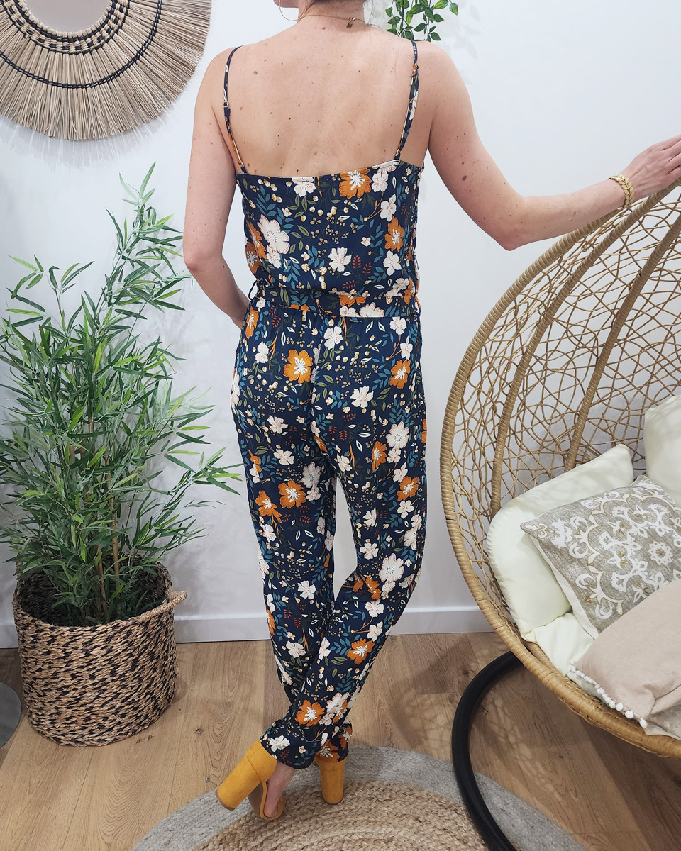 Combinaison femme marine imprimé floral beige et moutarde