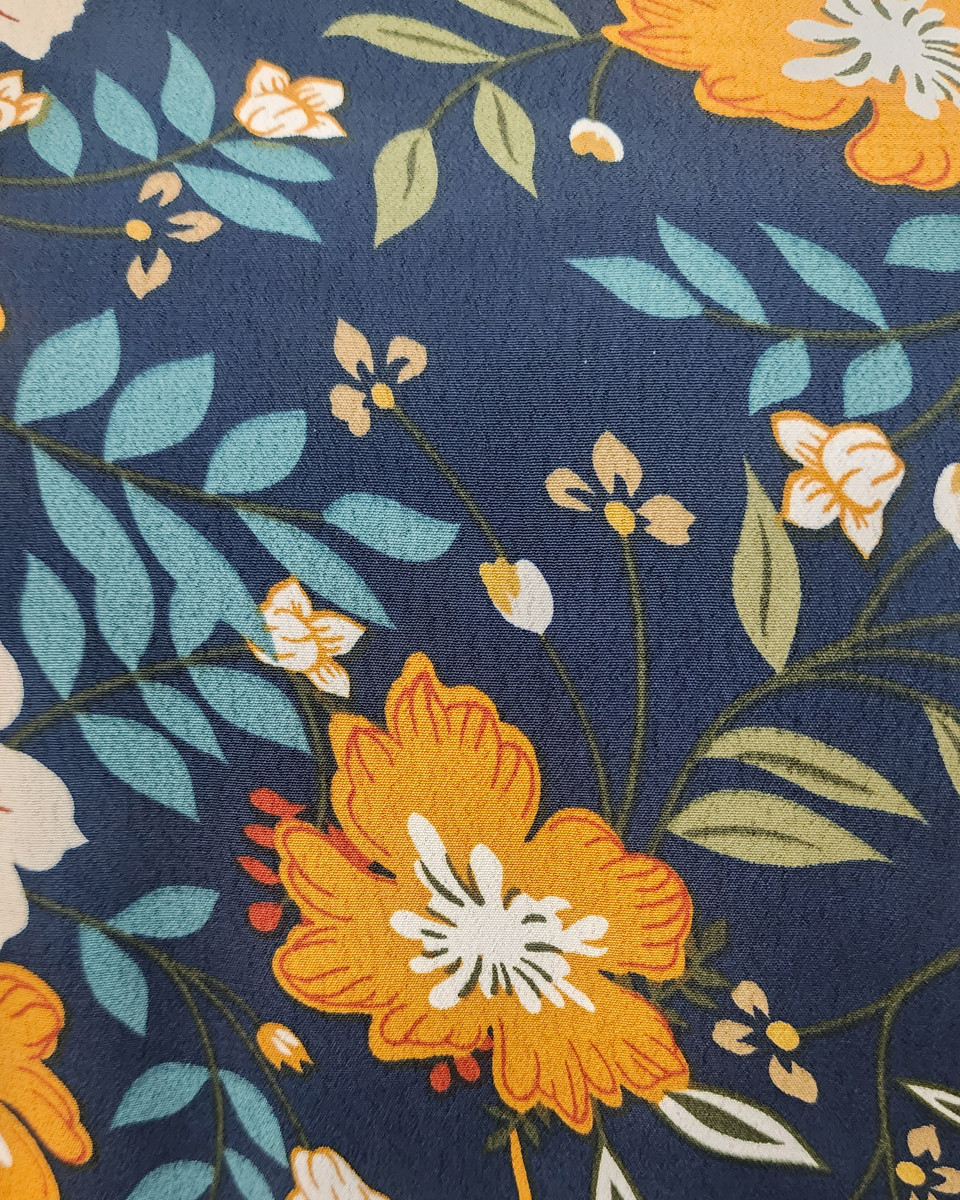 Combinaison femme marine imprimé floral beige et moutarde