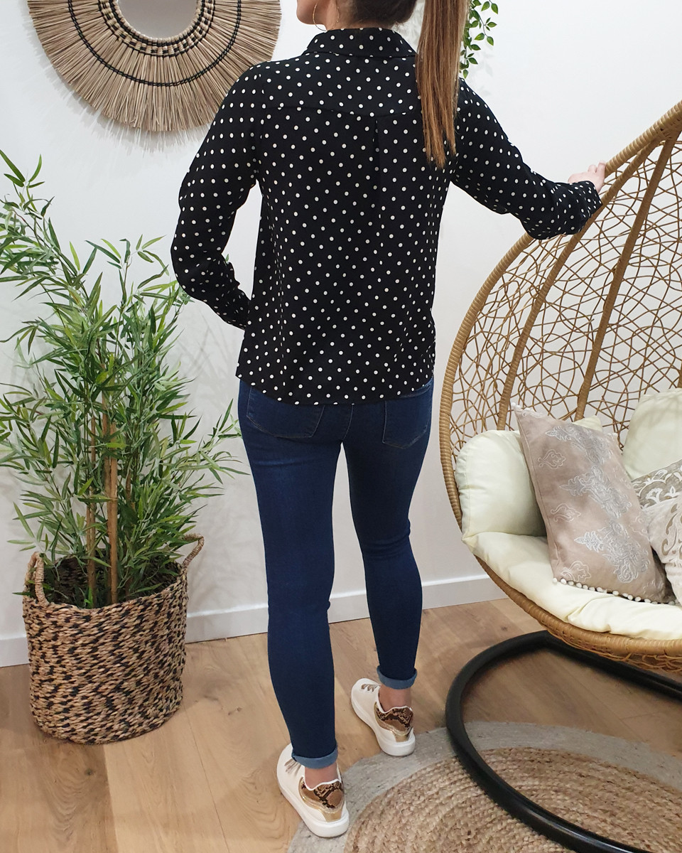 Chemisier noir à pois blancs