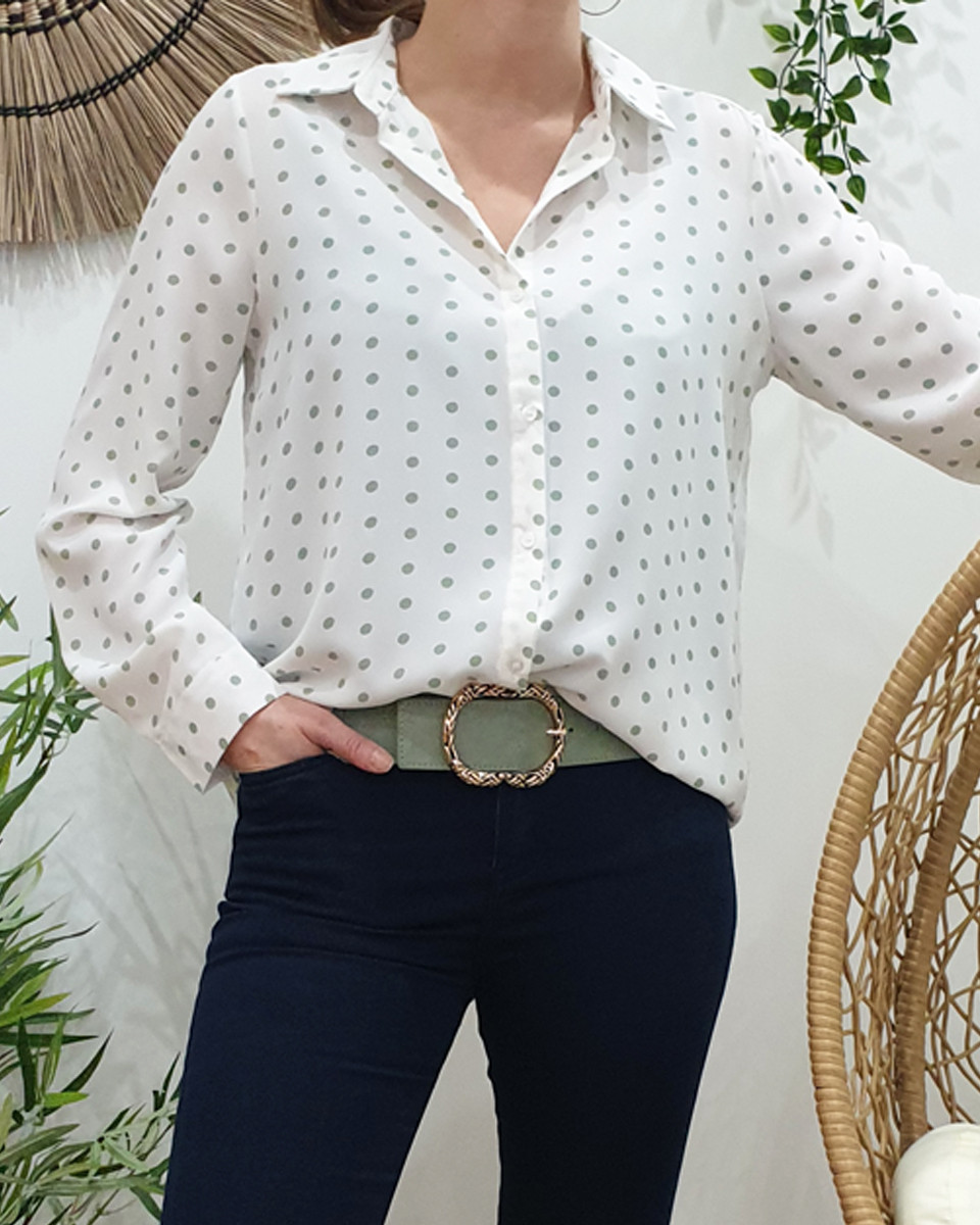 Chemisier blanc à pois vert amande