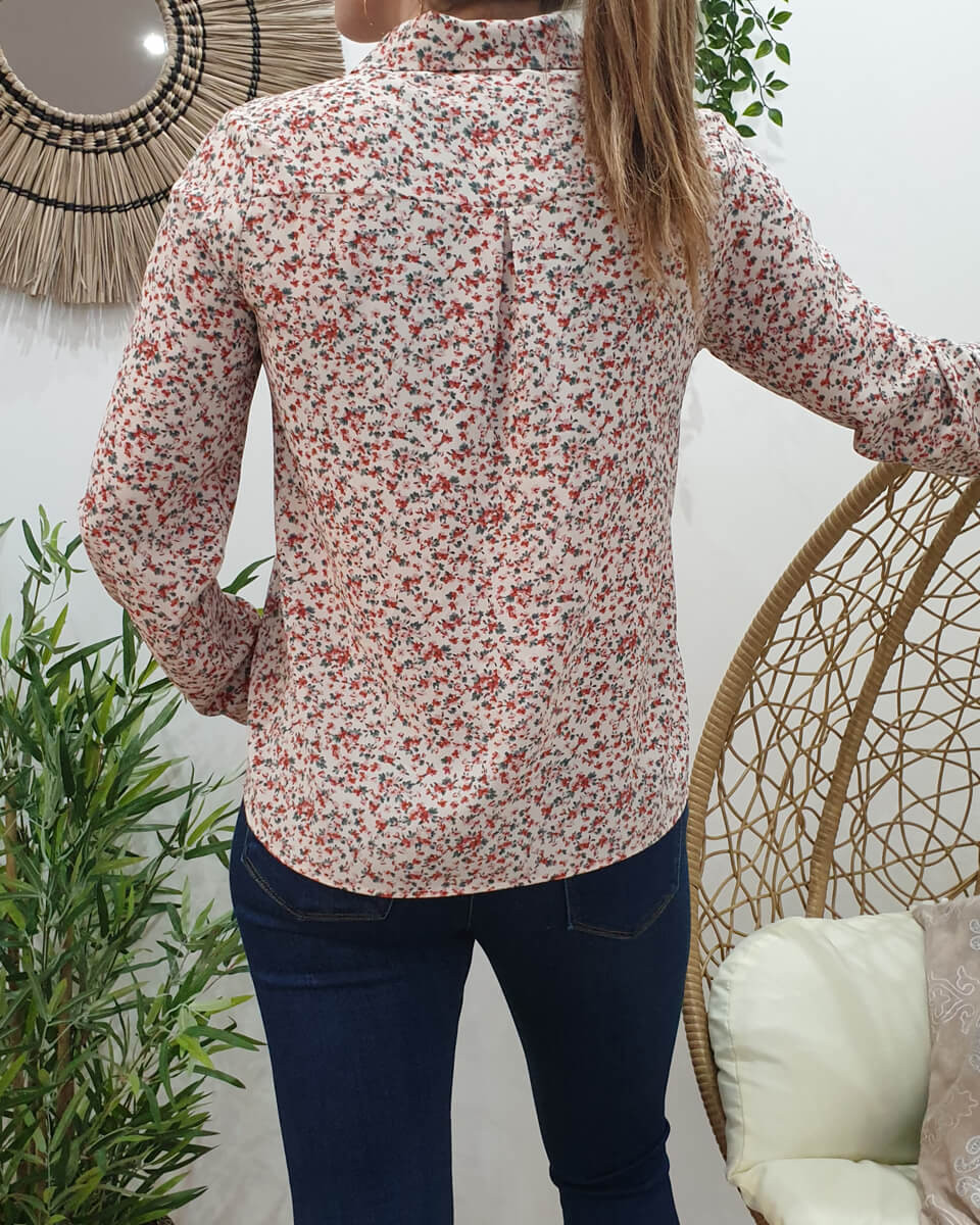 Chemisier blanc fleurs liberty rouges roses vertes