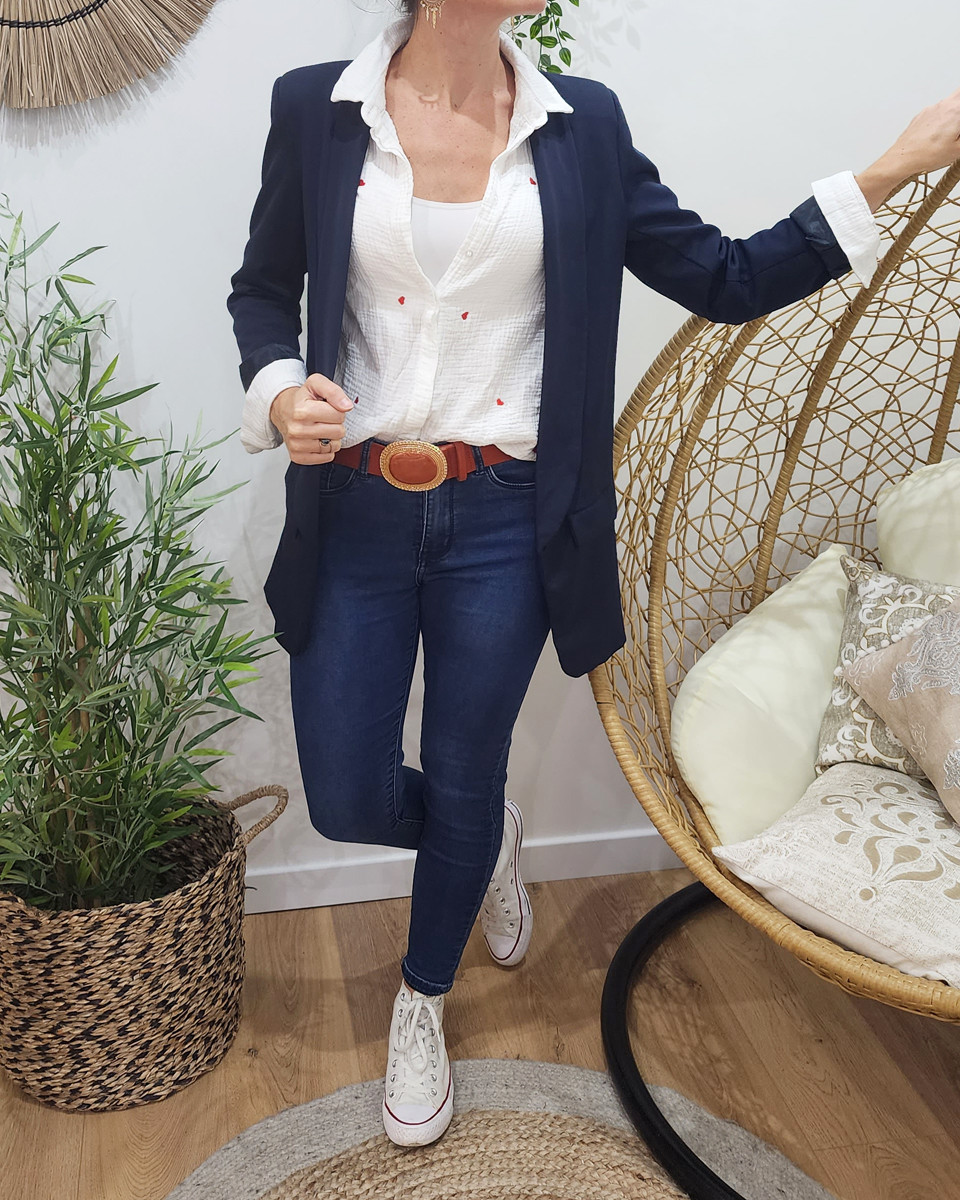 Chemise coton gaze blanche coeurs rouges