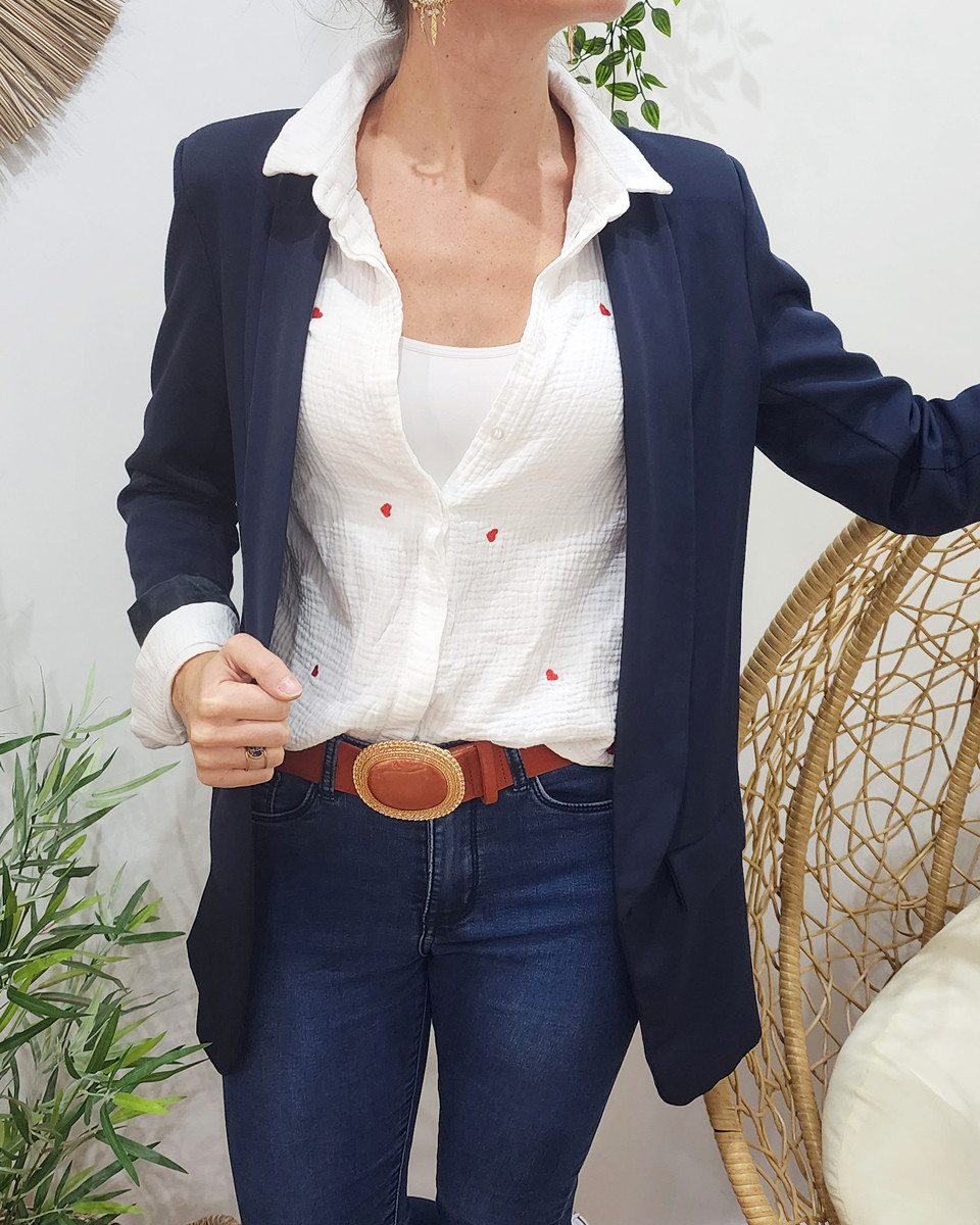 Chemise coton gaze blanche coeurs rouges