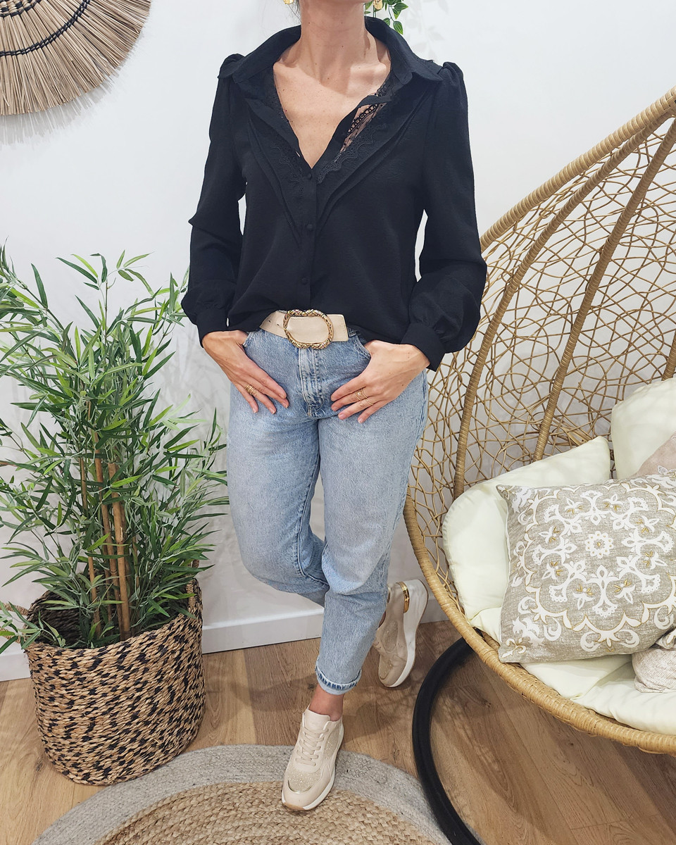 Chemisier femme noir col ajouré brodé Ingrid