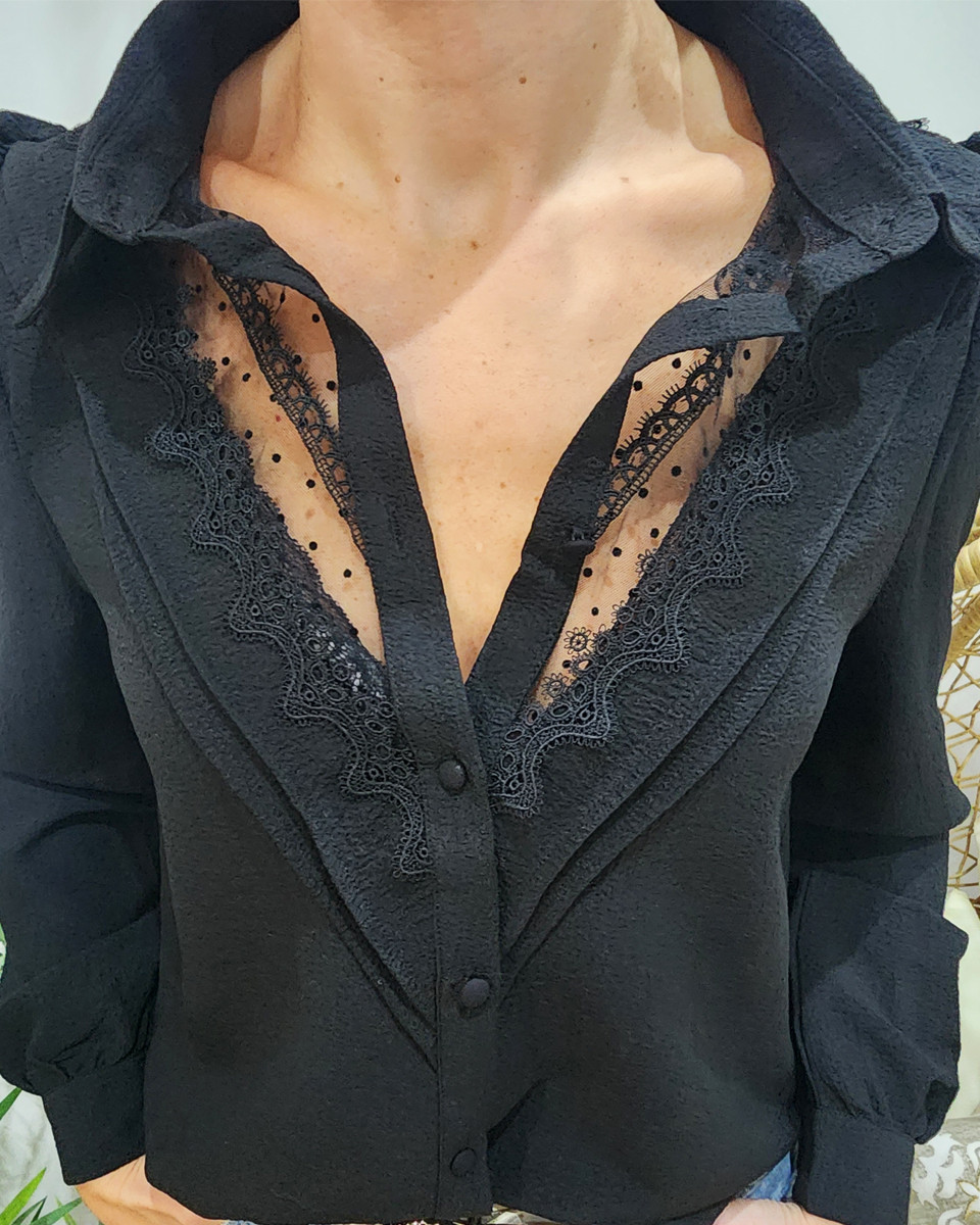 Chemisier femme noir col ajouré brodé Ingrid