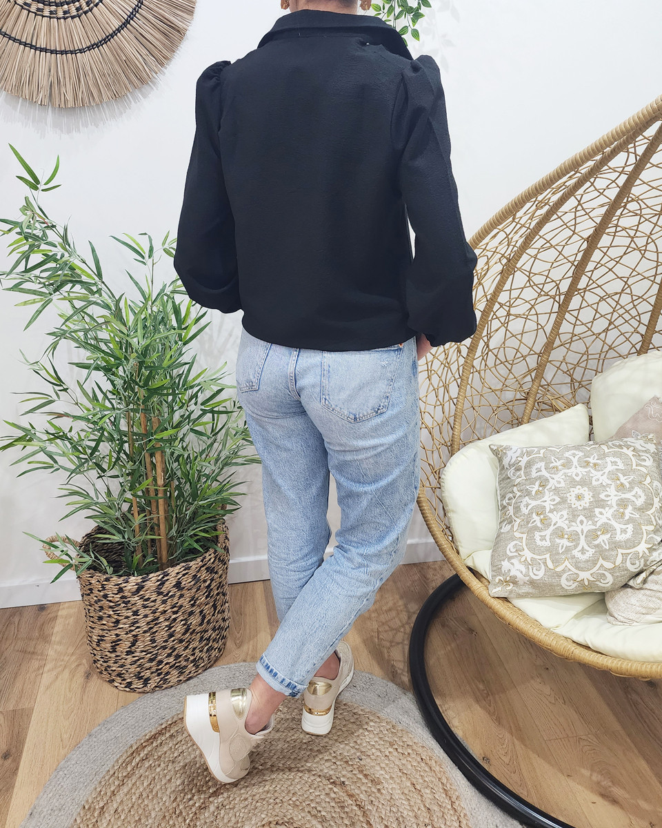 Chemisier femme noir col ajouré brodé Ingrid