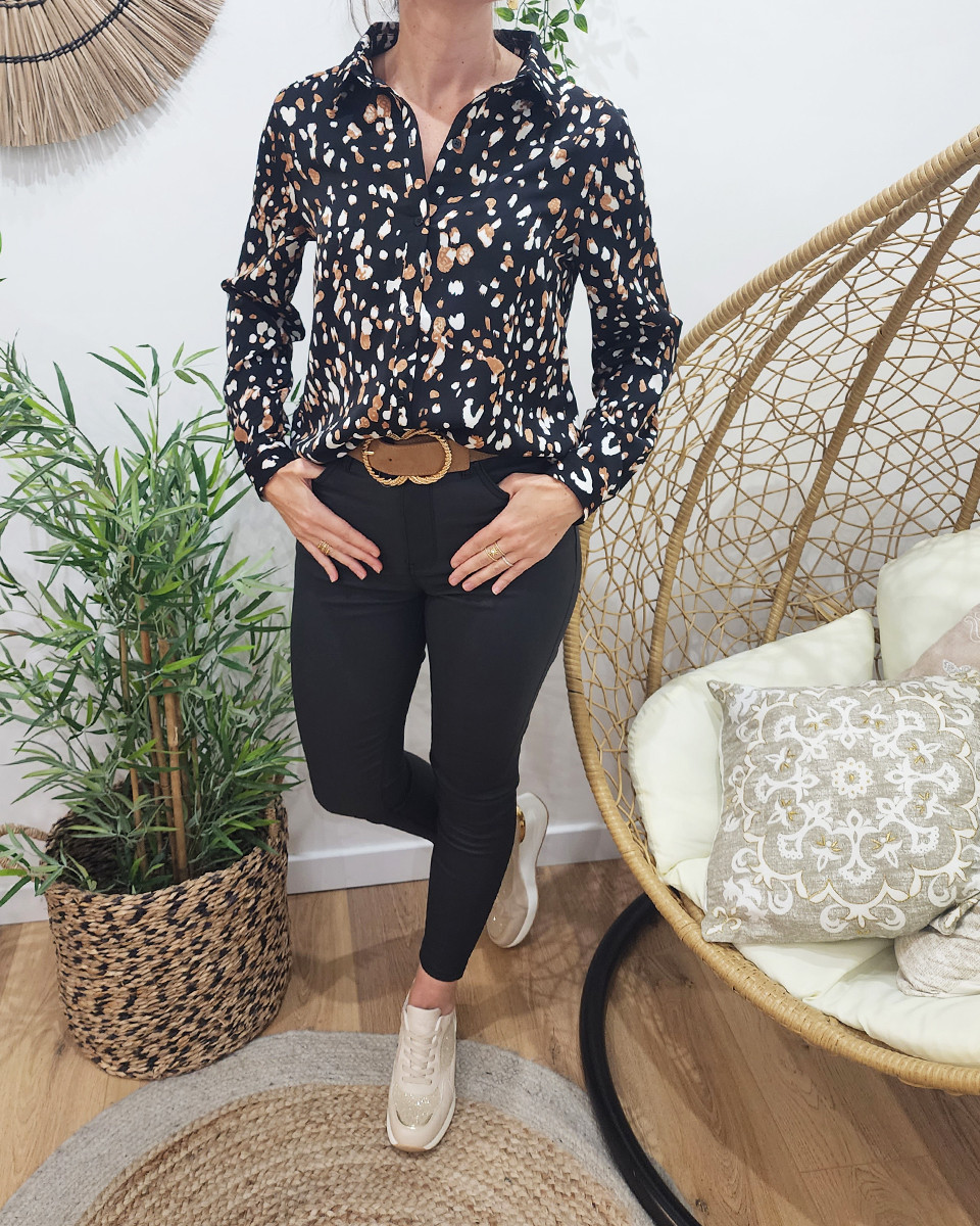 Chemisier femme noir taches camel et blanches Mattia