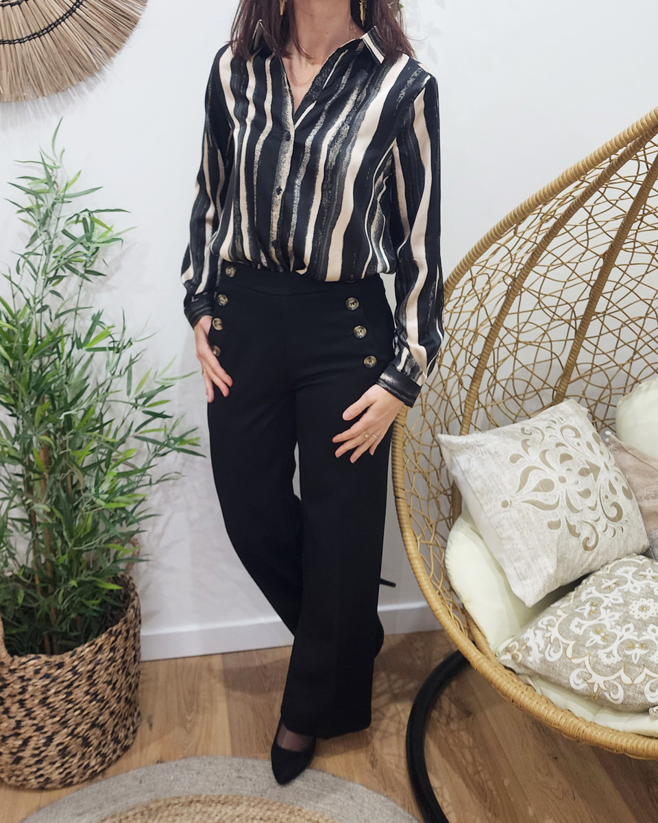 Chemisier femme noir et beige rayures satiné