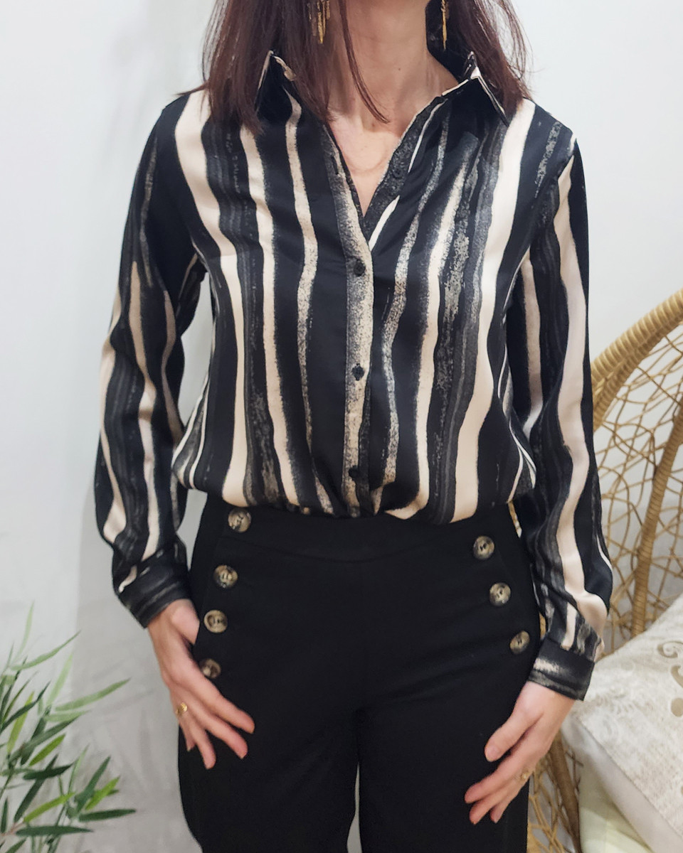 Chemisier femme noir et beige rayures satiné