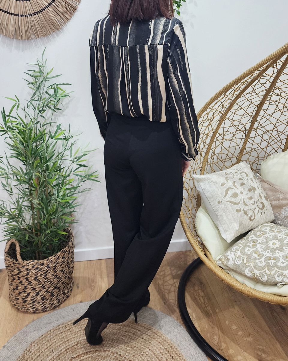 Chemisier femme noir et beige rayures satiné