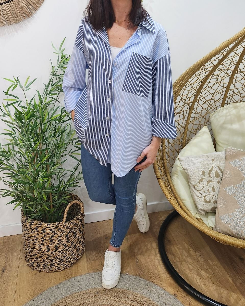 Chemisier femme oversize à rayures bleu marine bleu ciel et blanc