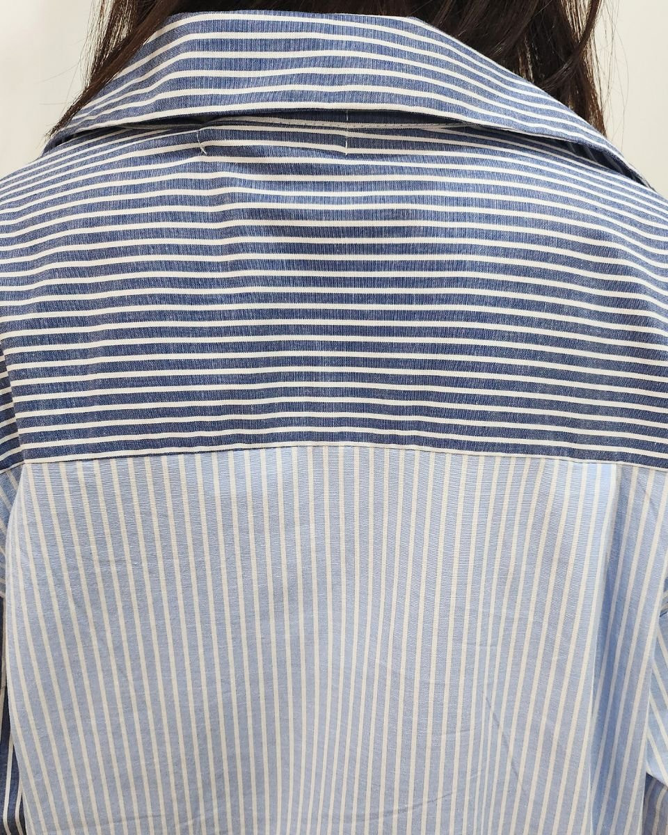 Chemisier femme oversize à rayures bleu marine bleu ciel et blanc
