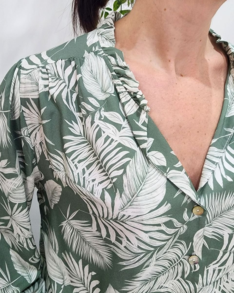 Chemisier femme vert agate feuillages blancs