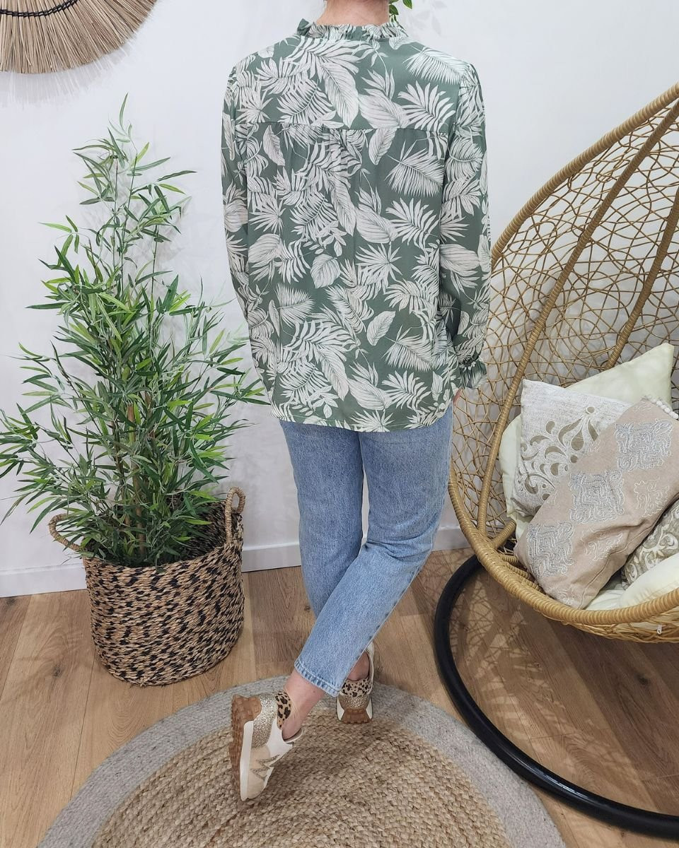 Chemisier femme vert agate feuillages blancs