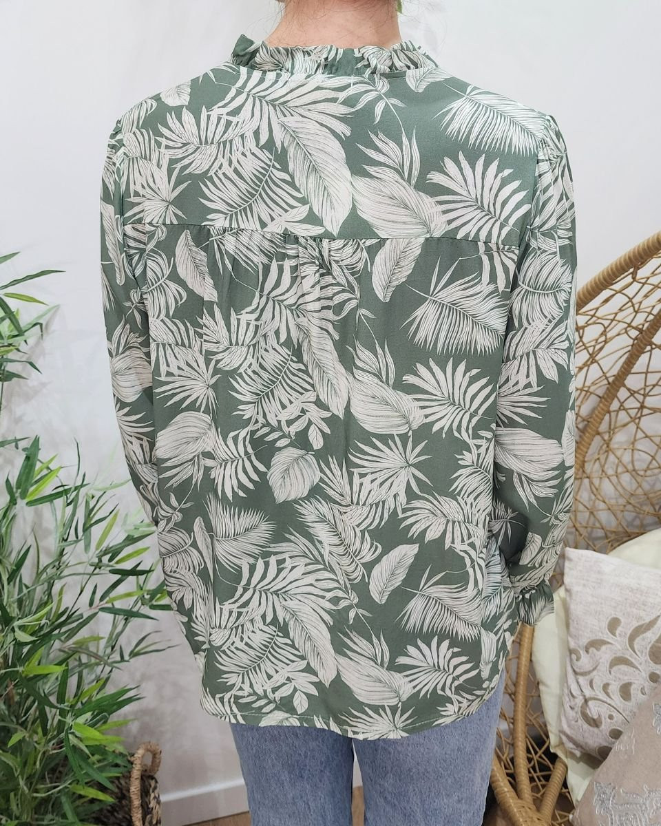 Chemisier femme vert agate feuillages blancs