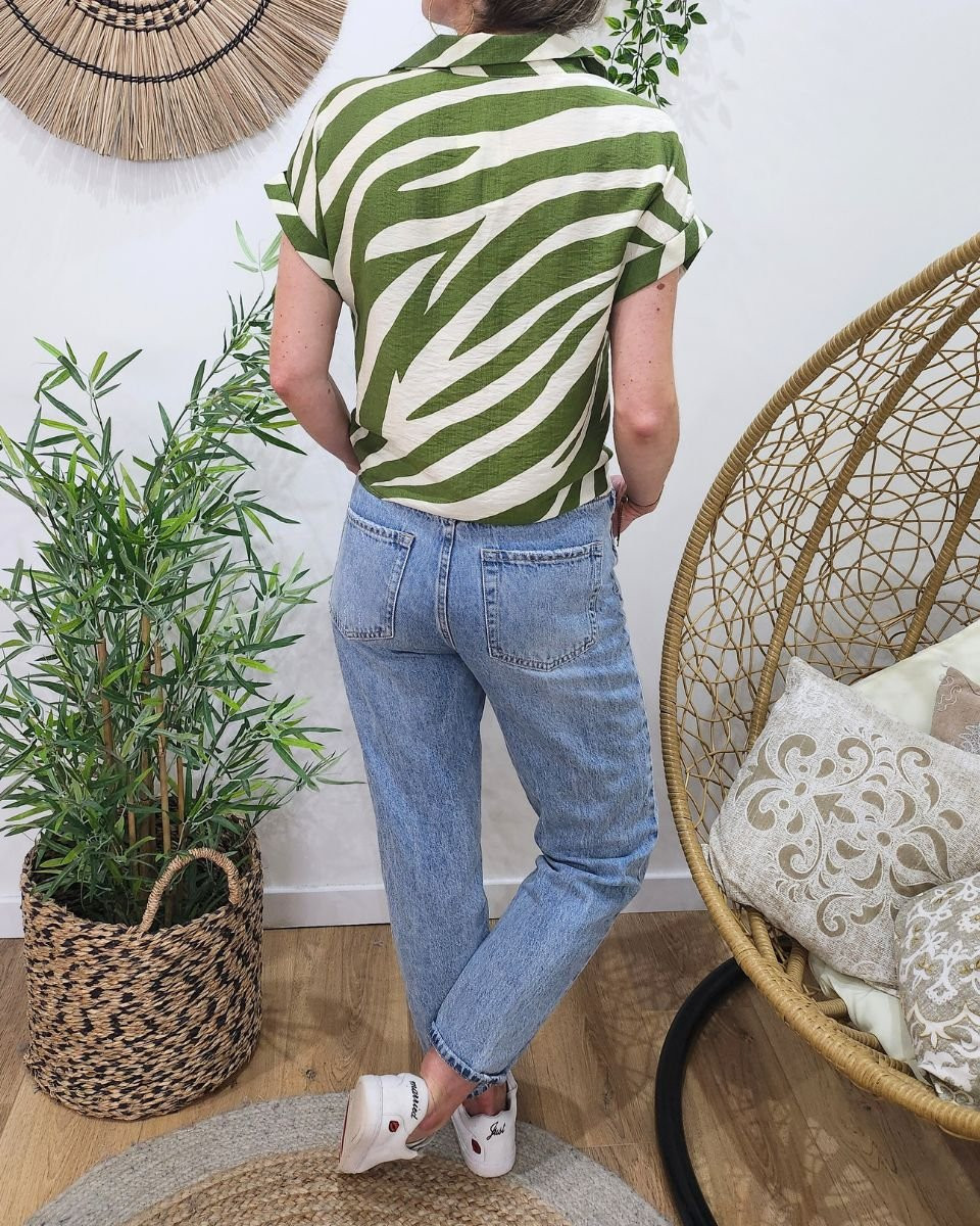 Chemisier femme à nouer zébré vert et beige
