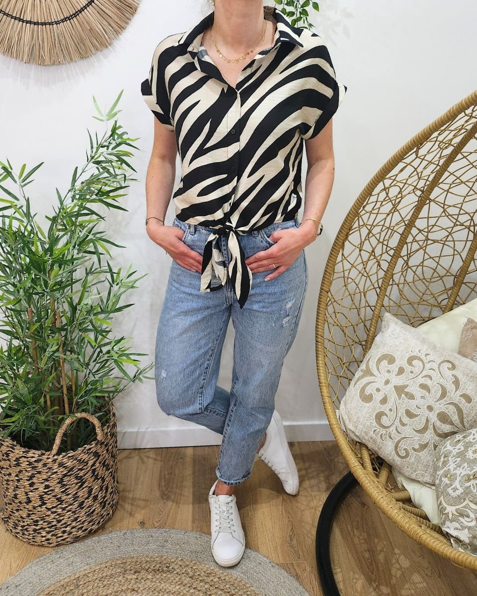 Chemisier femme à nouer zébré noir et beige
