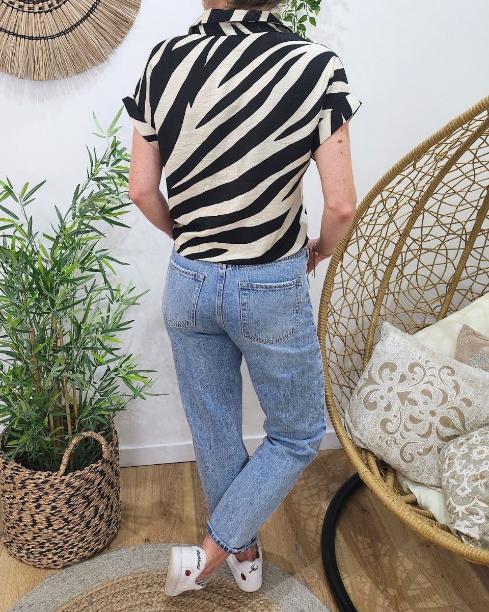 Chemisier femme à nouer zébré noir et beige