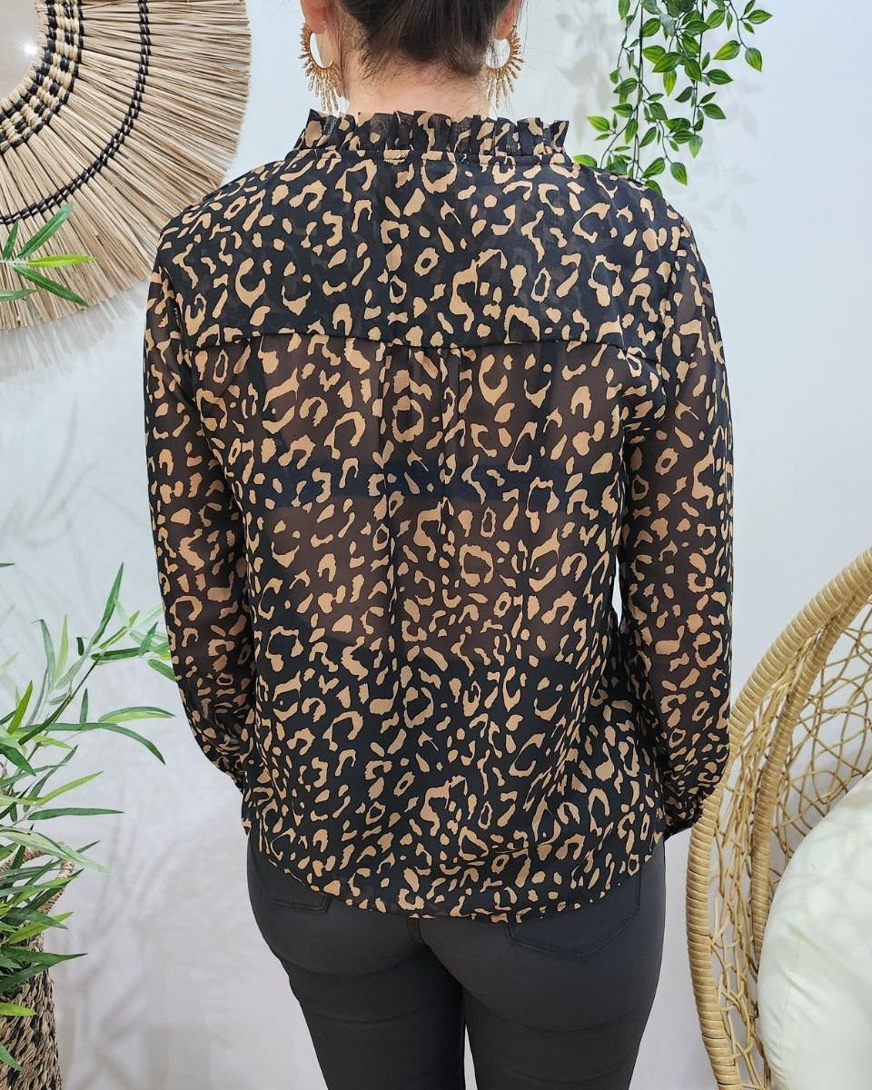 Chemisier femme imprimé léopard noir et marron Maïsane