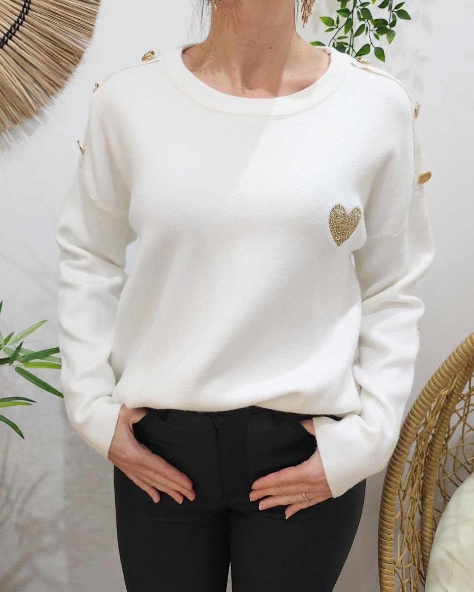 Pull femme écru broderie coeur dégradé dorée