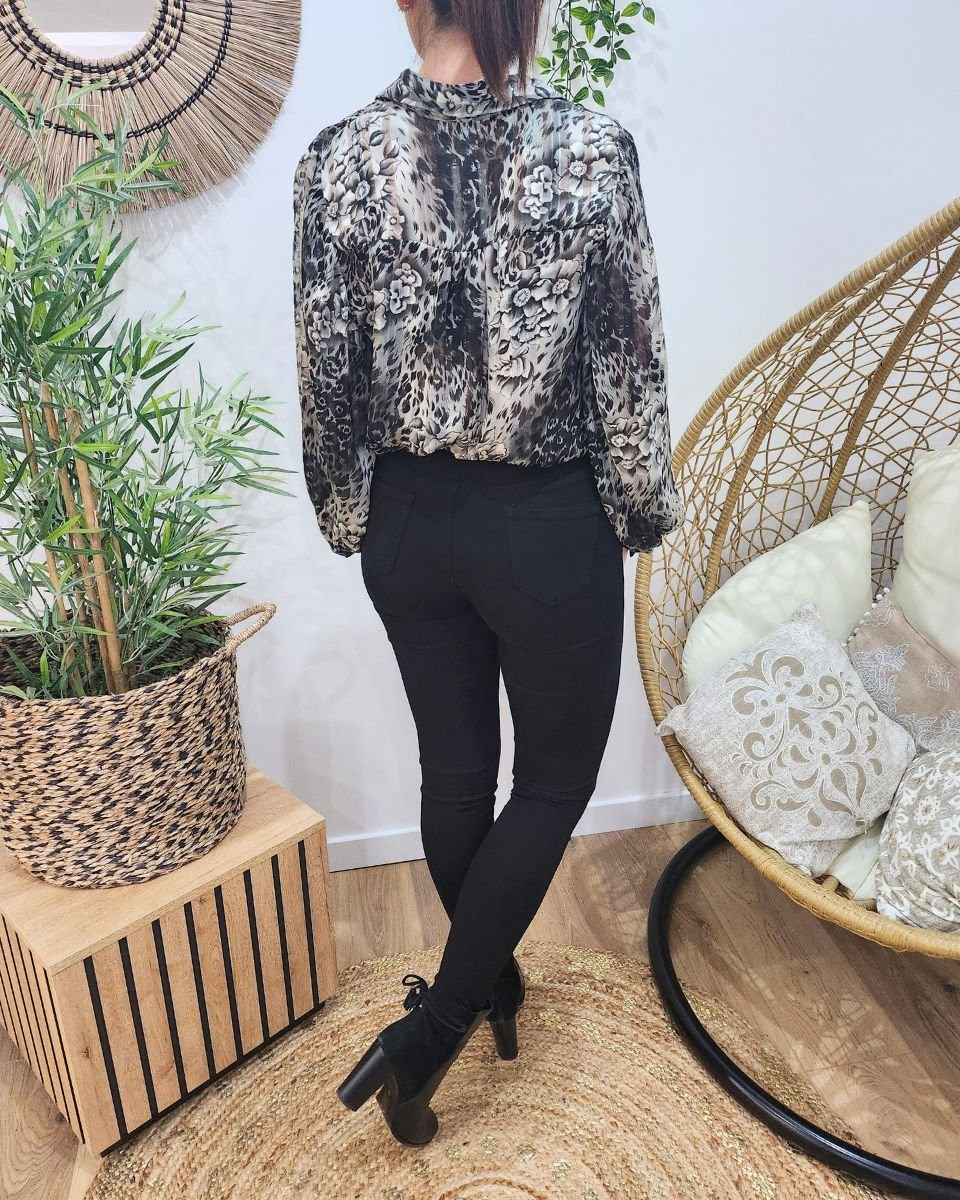 Chemisier femme gris fleuri Suzanna