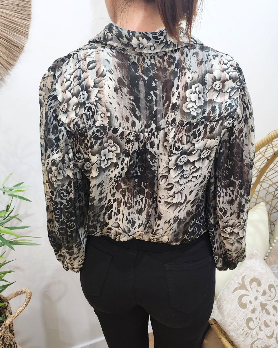 Chemisier femme gris fleuri Suzanna