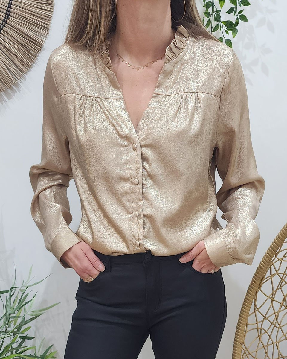 Chemisier femme lamé doré col froncé