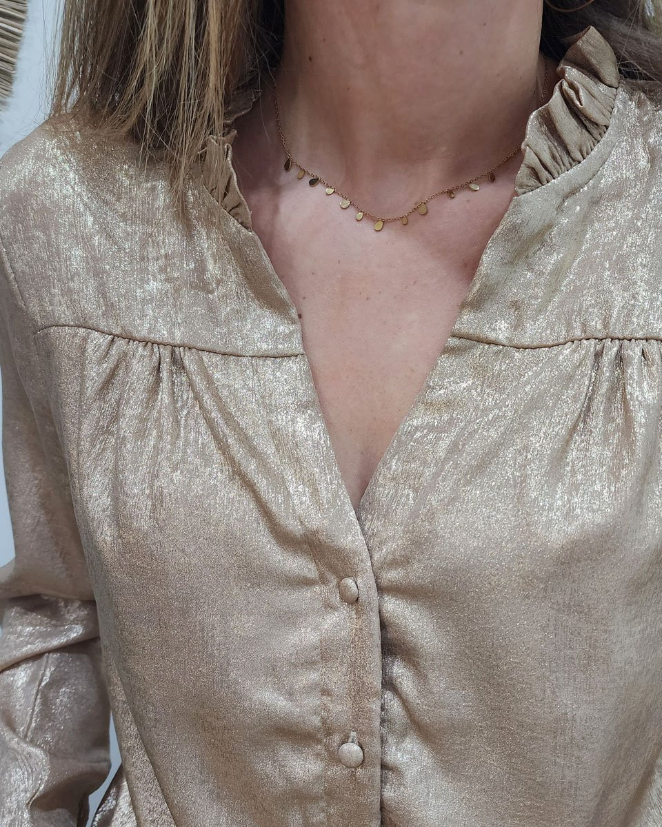 Chemisier femme lamé doré col froncé