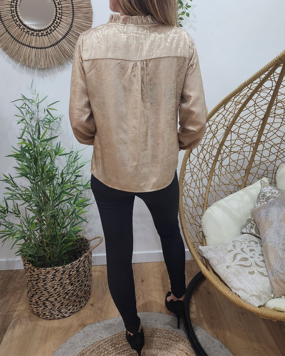 Chemisier femme lamé doré col froncé